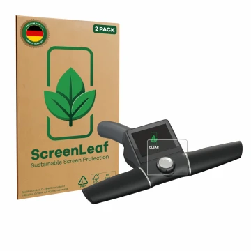 Front side of a product packaging with the brand logo ScreenLeaf. Next to it is the device Motocaddy M7 GPS Remote shown with 