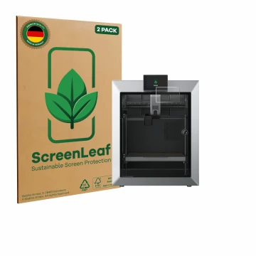Front side of a product packaging with the brand logo ScreenLeaf. Next to it is the device Qidi Tech Q2 shown with the corresp