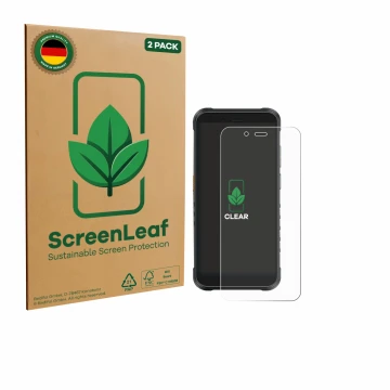 Front side of a product packaging with the brand logo ScreenLeaf. Next to it is the device Ulefone RugKing shown with the corr