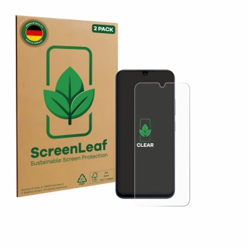 Front side of a product packaging with the brand logo ScreenLeaf. Next to it is the device Xiaomi Poco C85 shown with the corr