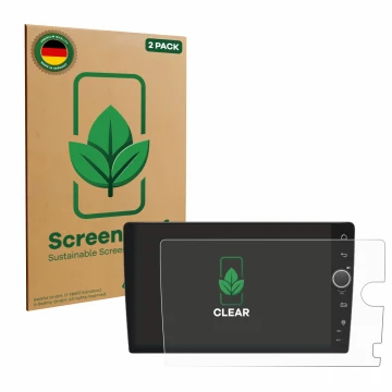 Front side of a product packaging with the brand logo ScreenLeaf. Next to it is the device Joying Car Radio 9