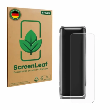 Front side of a product packaging with the brand logo ScreenLeaf. Next to it is the device EcoFlow Rapid Pro X shown with the 