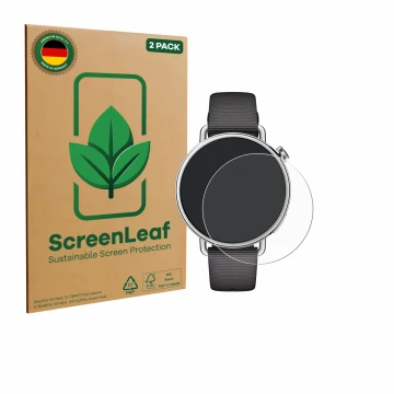 Front side of a product packaging with the brand logo ScreenLeaf. Next to it is the device Xiaomi Watch S4 (41 mm) shown with 