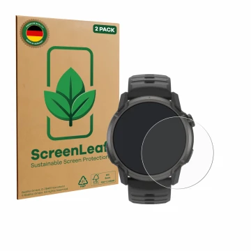 Front side of a product packaging with the brand logo ScreenLeaf. Next to it is the device Coros Apex 4 (42 mm) shown with the