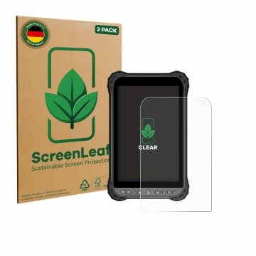 Front side of a product packaging with the brand logo ScreenLeaf. Next to it is the device Zoomsmart A8004 Series shown with t