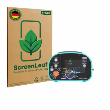 Front side of a product packaging with the brand logo ScreenLeaf. Next to it is the device Kewtech KT63DL shown with the corre
