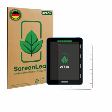 Front side of a product packaging with the brand logo ScreenLeaf. Next to it is the device Vakaros Atlas 2 / Edge shown with t