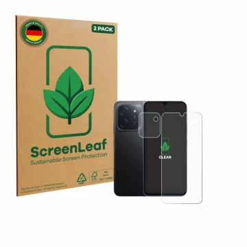 Front side of a product packaging with the brand logo ScreenLeaf. Next to it is the device Xiaomi Poco C85 (Front+Camera) show