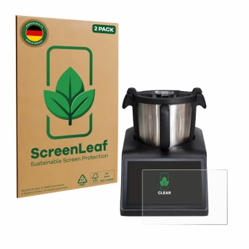 Front side of a product packaging with the brand logo ScreenLeaf. Next to it is the device Ufesa TotalChef RK10 shown with the