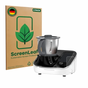 Front side of a product packaging with the brand logo ScreenLeaf. Next to it is the device TOKIT Omni Cook C2 shown with the c