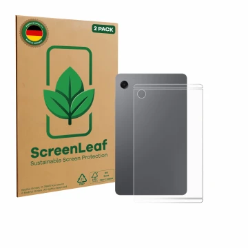 Front side of a product packaging with the brand logo ScreenLeaf. Next to it is the device Samsung Galaxy Tab A11 8.7