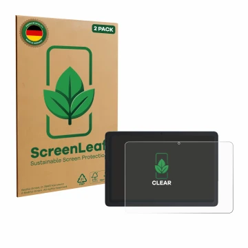 Front side of a product packaging with the brand logo ScreenLeaf. Next to it is the device Cubot Tab 65 10.1
