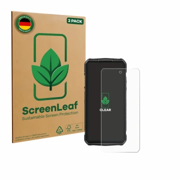 Front side of a product packaging with the brand logo ScreenLeaf. Next to it is the device Ulefone 29 pro shown with the corre