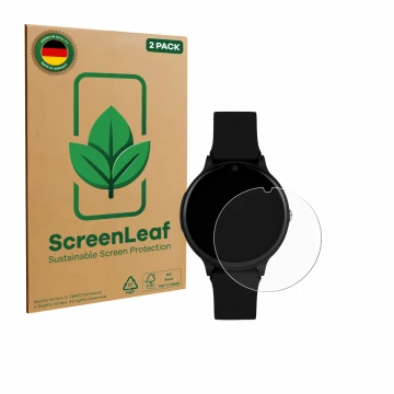 Front side of a product packaging with the brand logo ScreenLeaf. Next to it is the device One2Track Connect One shown with th