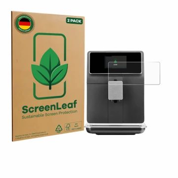 Front side of a product packaging with the brand logo ScreenLeaf. Next to it is the device WMF Perfection 860L shown with the 