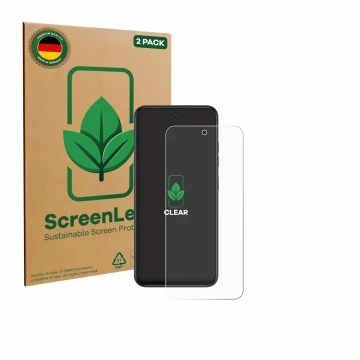 Front side of a product packaging with the brand logo ScreenLeaf. Next to it is the device Infinix Smart 10 shown with the cor