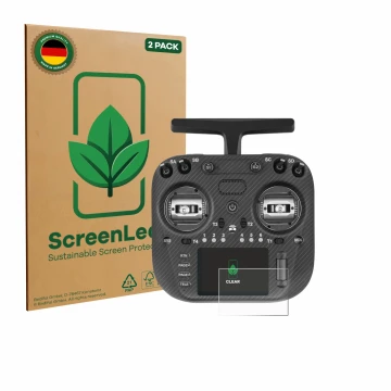 Front side of a product packaging with the brand logo ScreenLeaf. Next to it is the device Radiomaster TX15 Max shown with the