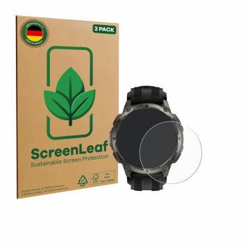 Front side of a product packaging with the brand logo ScreenLeaf. Next to it is the device Kospet Tank T4 shown with the corre