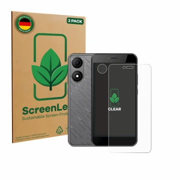Front side of a product packaging with the brand logo ScreenLeaf. Next to it is the device HTC Wildfire E5 Life (Front+Camera)
