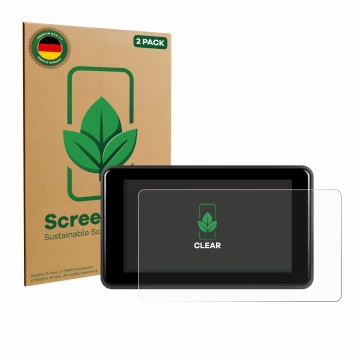 Front side of a product packaging with the brand logo ScreenLeaf. Next to it is the device Vechtel Motorrad Carplay 5