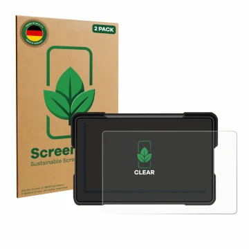 Front side of a product packaging with the brand logo ScreenLeaf. Next to it is the device Airpuxem Motorrad Carplay 7