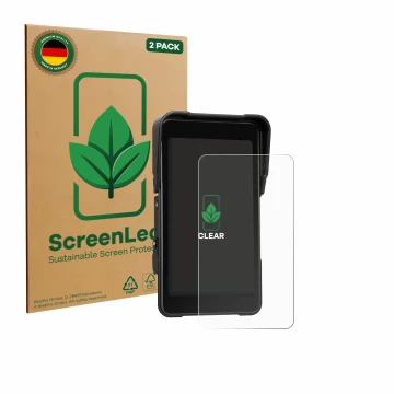 Front side of a product packaging with the brand logo ScreenLeaf. Next to it is the device CAMECHO Motorrad Carplay 5