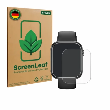 Front side of a product packaging with the brand logo ScreenLeaf. Next to it is the device RLQA G104 1.83