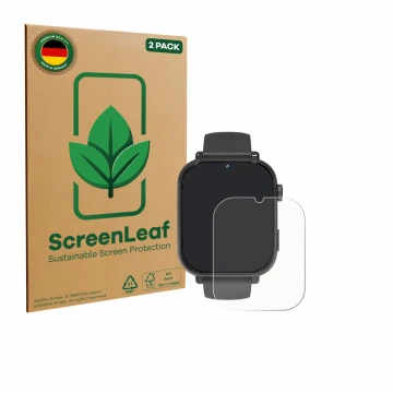 Front side of a product packaging with the brand logo ScreenLeaf. Next to it is the device Ucani A22 shown with the correspond