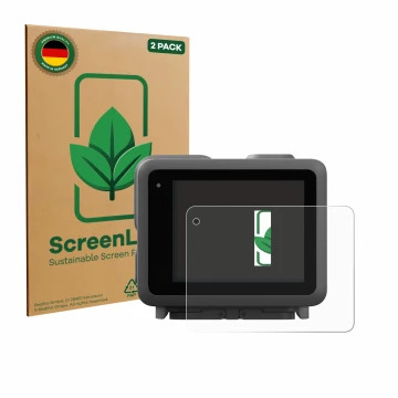 Front side of a product packaging with the brand logo ScreenLeaf. Next to it is the device GoPro Lit Hero shown with the corre