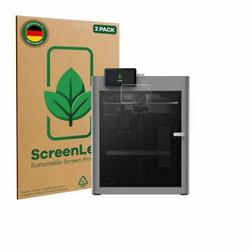 Front side of a product packaging with the brand logo ScreenLeaf. Next to it is the device Bambu Lab P2S 3D Printer shown with