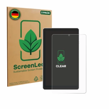 Front side of a product packaging with the brand logo ScreenLeaf. Next to it is the device Ulefone Tab A9 Pro shown with the c