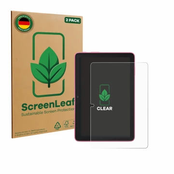 Front side of a product packaging with the brand logo ScreenLeaf. Next to it is the device Amazon Fire HD 8 2024 shown with th