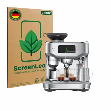 Front side of a product packaging with the brand logo ScreenLeaf. Next to it is the device Sage the Oracle Dual Boiler shown w