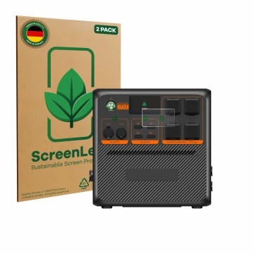 Front side of a product packaging with the brand logo ScreenLeaf. Next to it is the device Bluetti AC240P shown with the corre