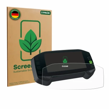 Front side of a product packaging with the brand logo ScreenLeaf. Next to it is the device Suzuki DR-Z4S 2025 shown with the c