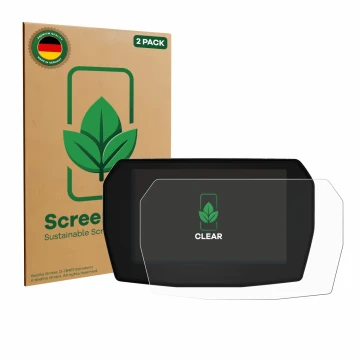 Front side of a product packaging with the brand logo ScreenLeaf. Next to it is the device Ducati Multistrada V2 2025 shown wi