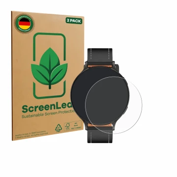 Front side of a product packaging with the brand logo ScreenLeaf. Next to it is the device Pireware Nano Smartwatch shown with