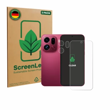 Front side of a product packaging with the brand logo ScreenLeaf. Next to it is the device Oppo Find X9 Pro (Front+Camera) sho