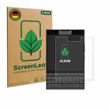 Front side of a product packaging with the brand logo ScreenLeaf. Next to it is the device Unihertz Titan 2 shown with the cor