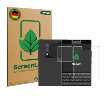 Front side of a product packaging with the brand logo ScreenLeaf. Next to it is the device Unihertz Titan 2 (Front+Camera) sho