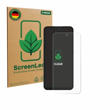 Front side of a product packaging with the brand logo ScreenLeaf. Next to it is the device Oukitel C69 shown with the correspo