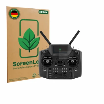Front side of a product packaging with the brand logo ScreenLeaf. Next to it is the device Radiomaster GX12 shown with the cor