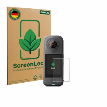 Front side of a product packaging with the brand logo ScreenLeaf. Next to it is the device Insta360 X4 Air shown with the corr