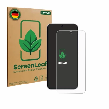Front side of a product packaging with the brand logo ScreenLeaf. Next to it is the device Vivo X300 shown with the correspond