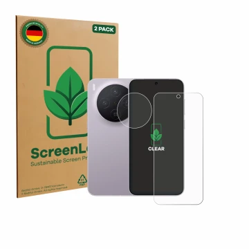 Front side of a product packaging with the brand logo ScreenLeaf. Next to it is the device Vivo X300 Pro (Front+Camera) shown 
