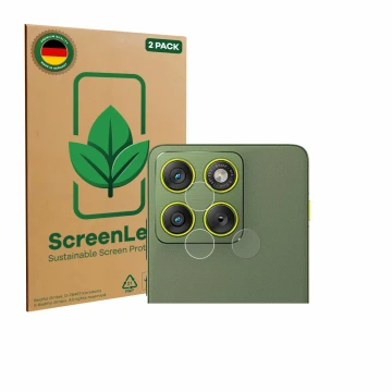 Front side of a product packaging with the brand logo ScreenLeaf. Next to it is the device Motorola Edge 70 (ONLY Camera Lens)