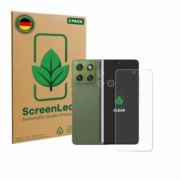 Front side of a product packaging with the brand logo ScreenLeaf. Next to it is the device Motorola Edge 70 (Front+Camera) sho
