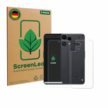 Front side of a product packaging with the brand logo ScreenLeaf. Next to it is the device Nothing Phone (3a) Lite (Front+Back