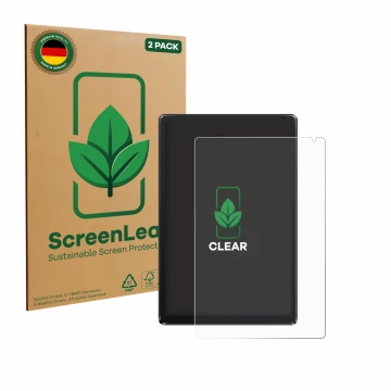 Front side of a product packaging with the brand logo ScreenLeaf. Next to it is the device Whitedeer WHEC107BK 10.1