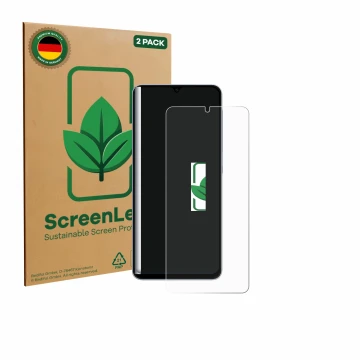 Front side of a product packaging with the brand logo ScreenLeaf. Next to it is the device Samsung Galaxy A07 shown with the c
